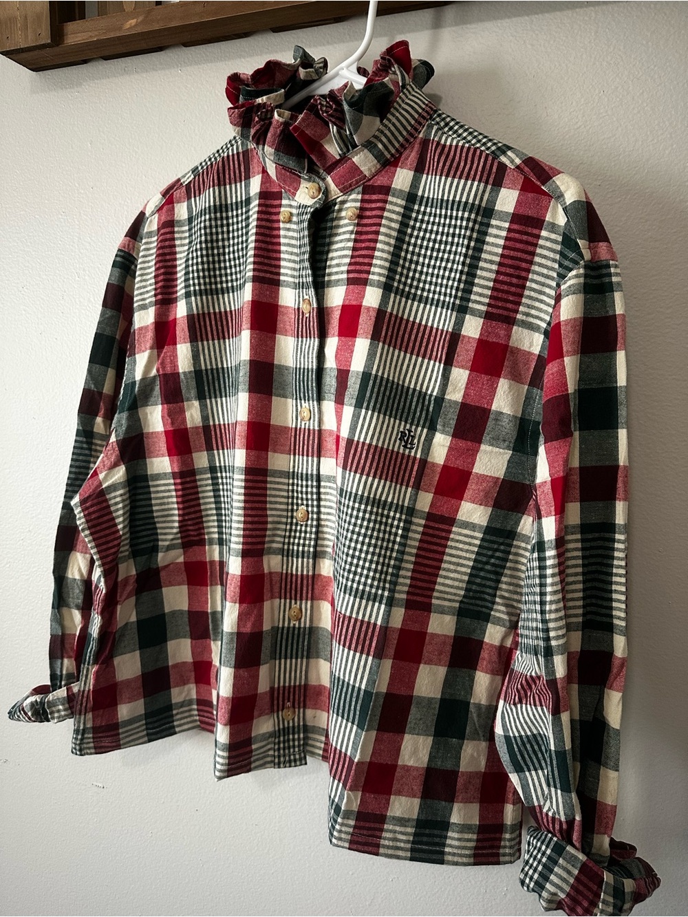 Lauren Ralph Lauren Red, Green & White Plaid Button-Down Shirt ruffle collar